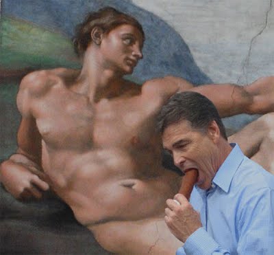 Campaigning outside Pittsburgh today, GOP frontrunner Rick THE DICK Perry attended a picnic at where he enjoyed a foot long corndog while touring the fabulous reproduction of Michelangelos Sistine Chapel. 