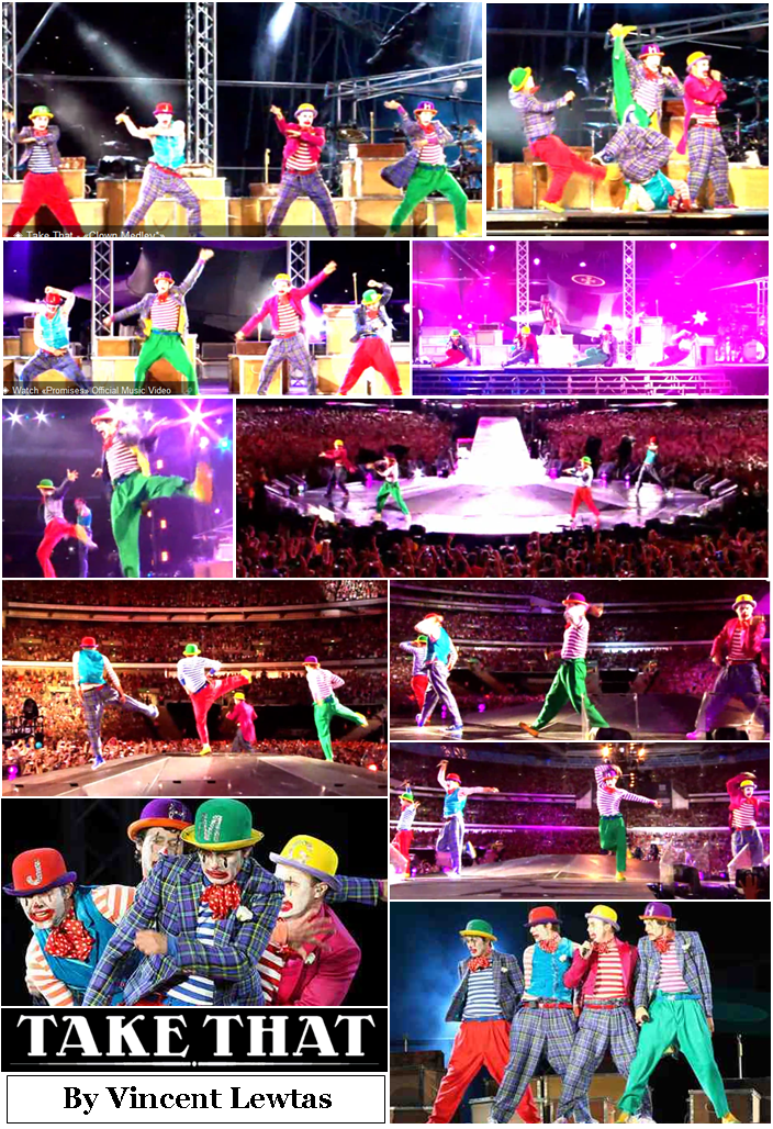 A collage of snapshots from the famous 'Clowns Medley' show piece which Take That did on their record-breaking Circus Live tour