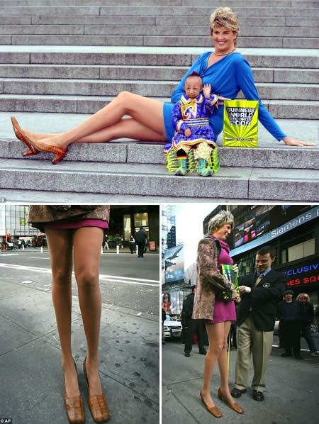 Russian woman Svetlana Pankratova has, according to Guinness World Records, the longest legs of any woman in the world. While she is not the worlds tallest woman, her legs are 132 centimetres 4 ft 4 in long. Because her upper body is of much more typical dimensions, she is 196 centimetres 6 ft 5 in tall. She has also very large feet, size 13 US / 4