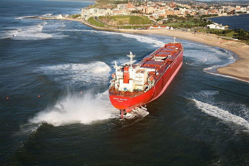 While waiting in the open ocean outside the harbor to load coal the Pasha Bulker ran aground during a major storm on 8 June 2007 on Nobbys Beach in Newcastle, New South Wales, Australia.