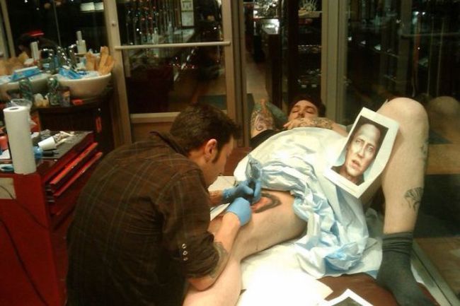 Quite possibly the most messed up prank of all time.  Look at what he's tattooing!