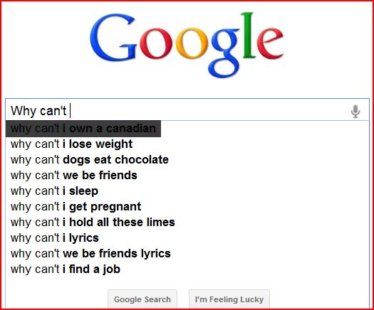 wtf did i just search up - Google Why can't why can't i own a canadian why can't i lose weight why can't dogs eat chocolate why can't we be friends why can't i sleep why can't i get pregnant why can't i hold all these limes why can't i lyrics why can't we