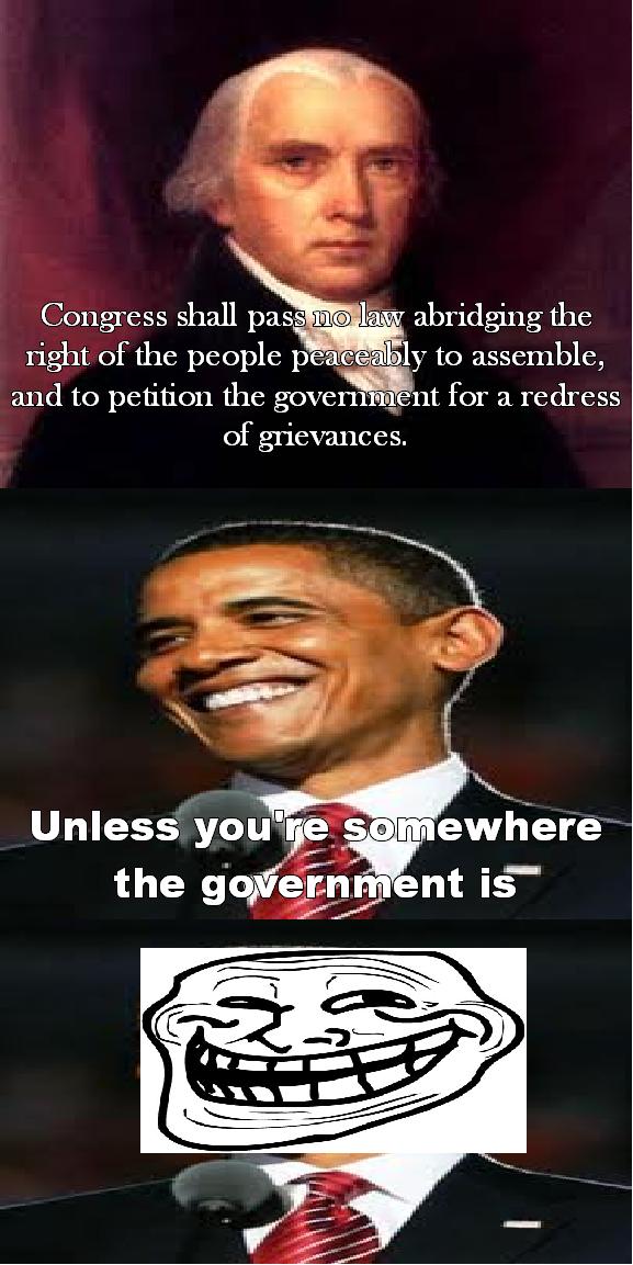 Obama, the 1st amendment troll has so conveniently ignored the "the right of the people peaceably to assemble, and to petition the Government for a redress of grievances." part of our bill of rights.  