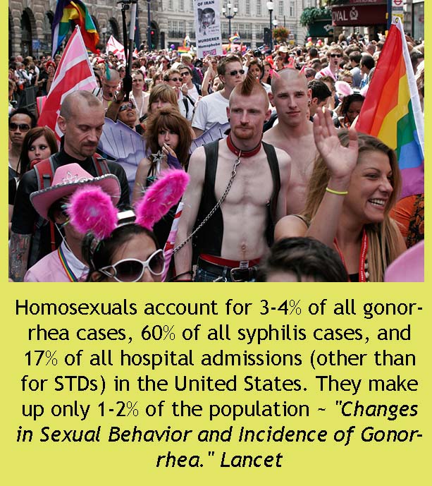 crowd - P Homosexuals account for 34% of all gonor rhea cases, 60% of all syphilis cases, and 17% of all hospital admissions other than for STDs in the United States. They make up only 12% of the population "Changes in Sexual Behavior and Incidence of Gon