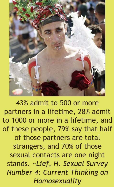 photo caption - 43% admit to 500 or more partners in a lifetime, 28% admit to 1000 or more in a lifetime, and of these people, 79% say that half of those partners are total strangers, and 70% of those sexual contacts are one night stands. Lief, H. Sexual 