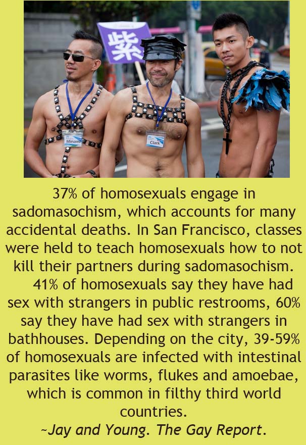 muscle - 37% of homosexuals engage in sadomasochism, which accounts for many accidental deaths. In San Francisco, classes were held to teach homosexuals how to not kill their partners during sadomasochism. 41% of homosexuals say they have had sex with str