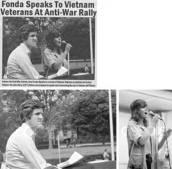 2004: US presidential elections campaign. John Kerry with Jane Fonda speaking against the war in 1971 