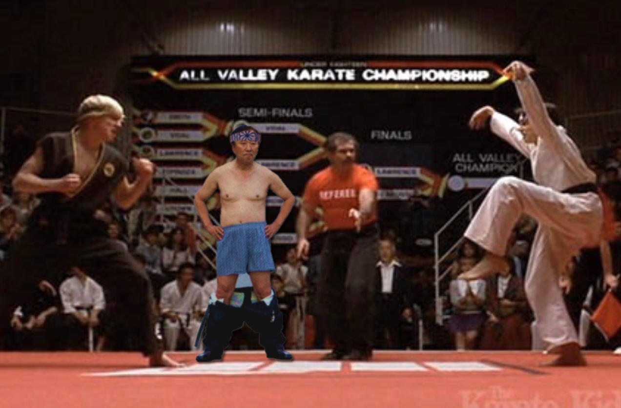 Karate Kid - Proof that Mr. Miyagi distracted Johnny as he took a crane kick to the face