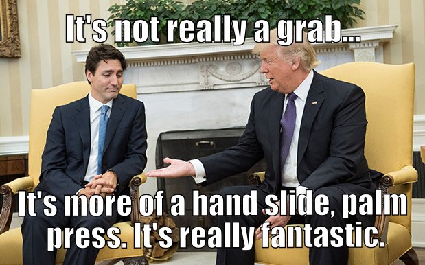 Trump showing Mr. Trudeau how real Americans say hello...