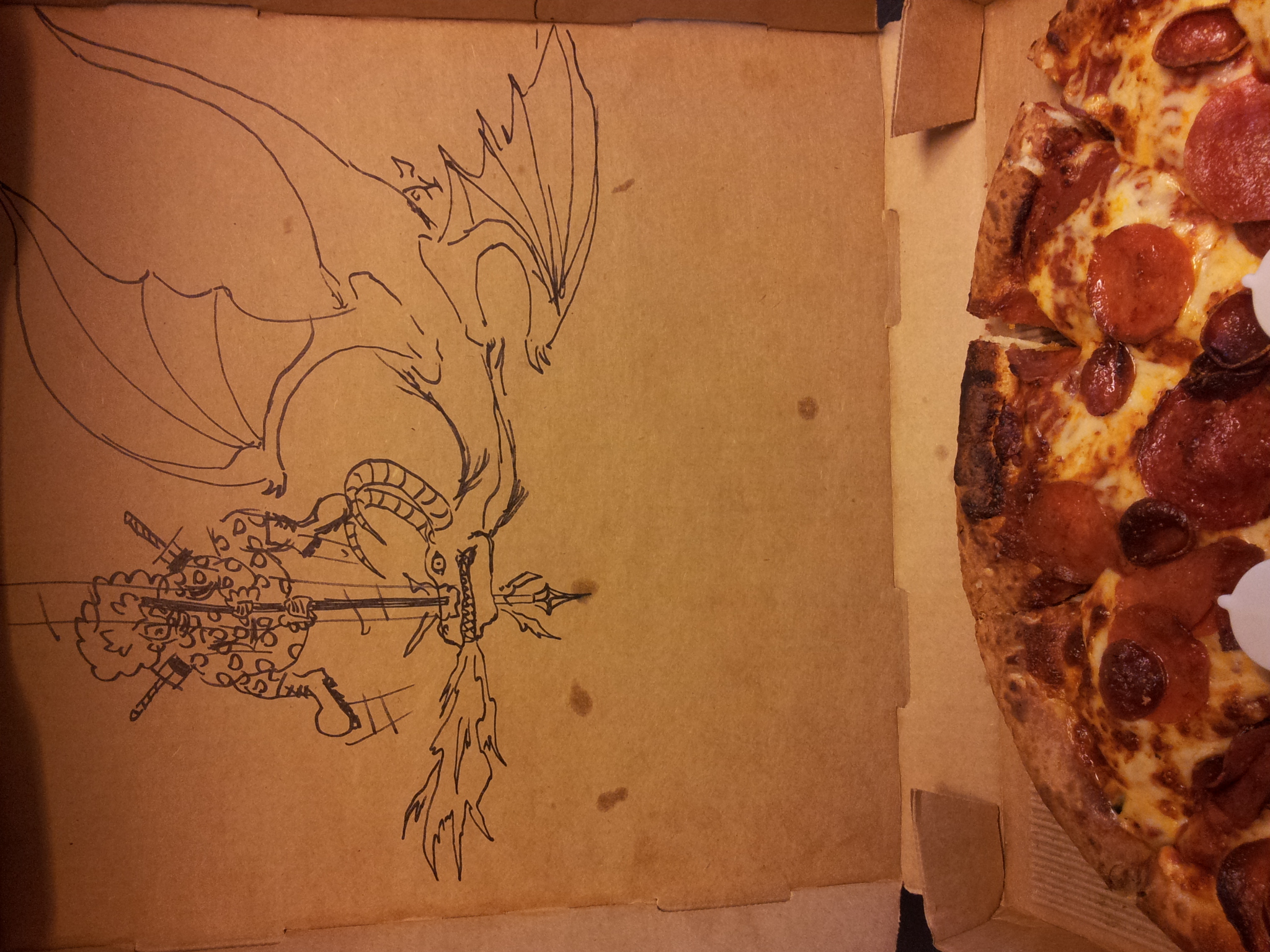 Placed an order for a pizza at Round Table in Carmichael, CA. In the special request box, i told them to draw a clown slaying a dragon on the inside cover of the box. I got a call saying "challenge accepted". And here's what i got. Frankly, Im impressed!