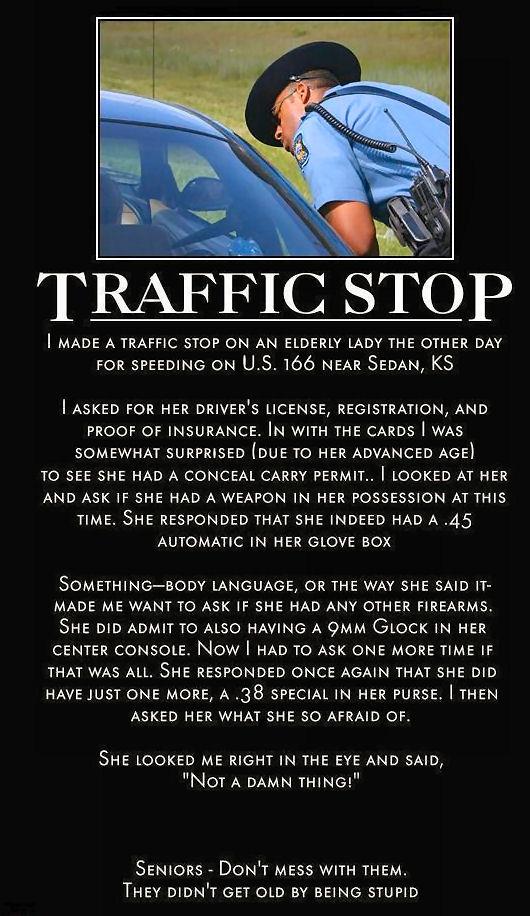 you afraid of not a damn thing - Traffic Stol I Made A Traffic Stop On An Elderly Lady The Other Day For Speeding On U.S. 166 Near Sedan, Ks I Asked For Her Driver'S License, Registration, And Proof Of Insurance. In With The Cards I Was Somewhat Surprised