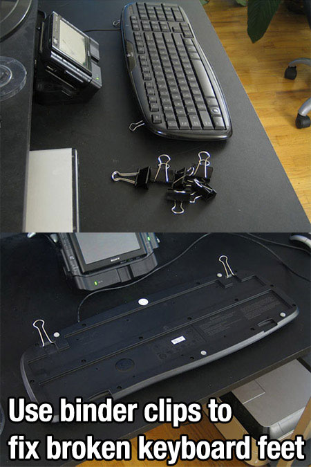 life hacks using - Use binder clips to fix broken keyboard feet