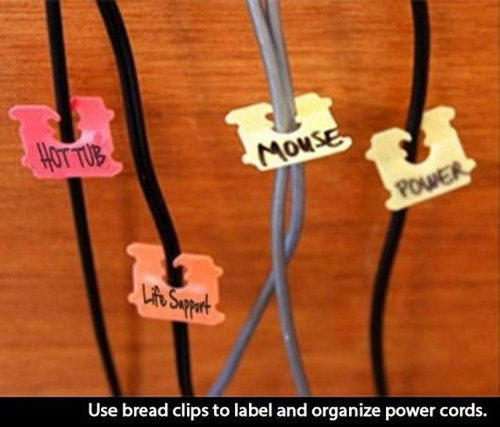 life hacks - Hot Tub Mouse Power Life Support Use bread clips to label and organize power cords.