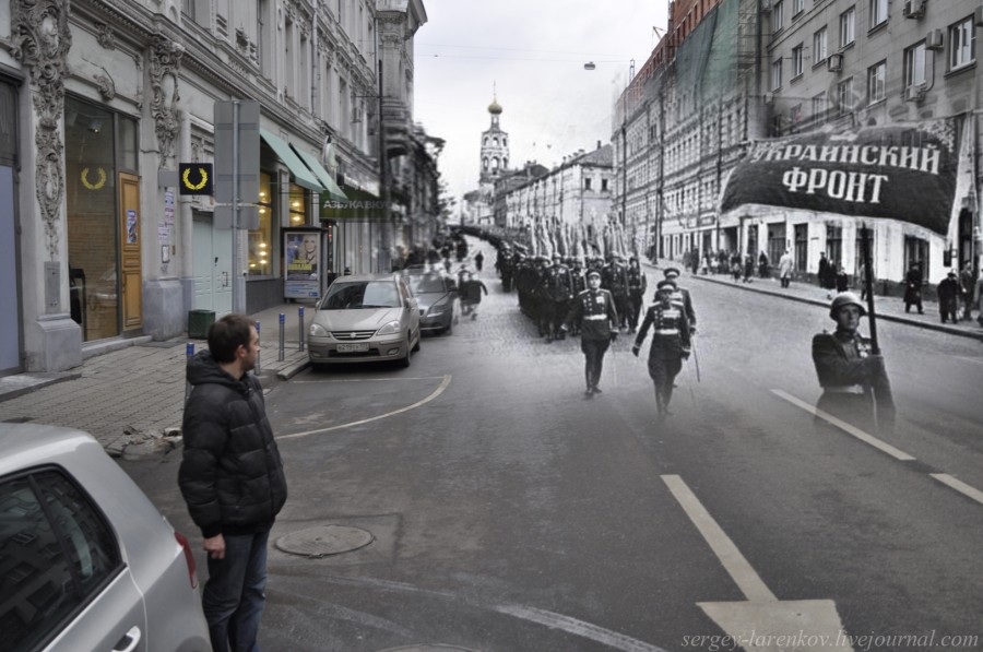 Moscow 1945-2012 Petrovka street. Victory parade. The shelves of the 4th Ukrainian Front is moving to Red Square.