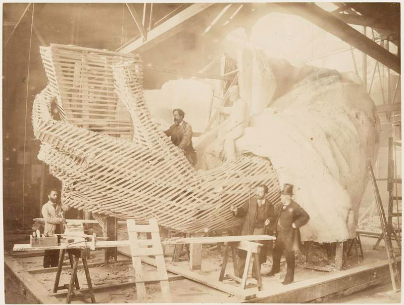 Construction of the skeleton and plaster surface of the left arm and hand of the Statue of Liberty