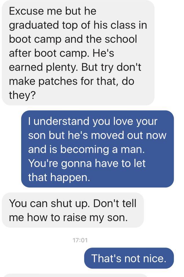 number - Excuse me but he graduated top of his class in boot camp and the school after boot camp. He's earned plenty. But try don't make patches for that, do they? Tunderstand you love your son but he's moved out now and is becoming a man. You're gonna ha