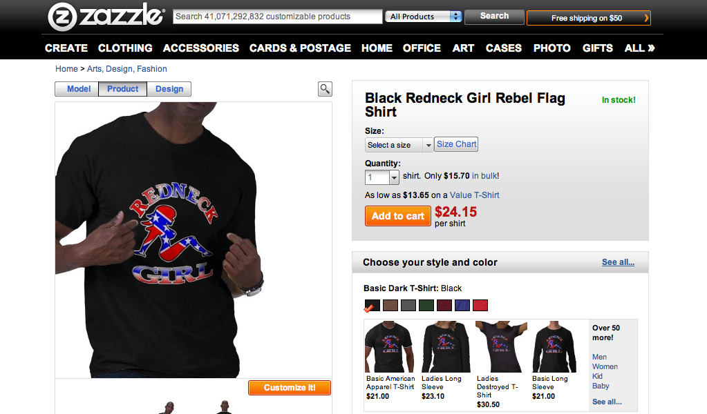 A black man wearing a confederate flag that says "Redneck Girl"