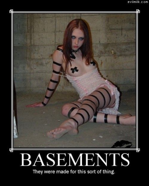 Funny demotivational poster of girl wrapped in electrical tape in the basement