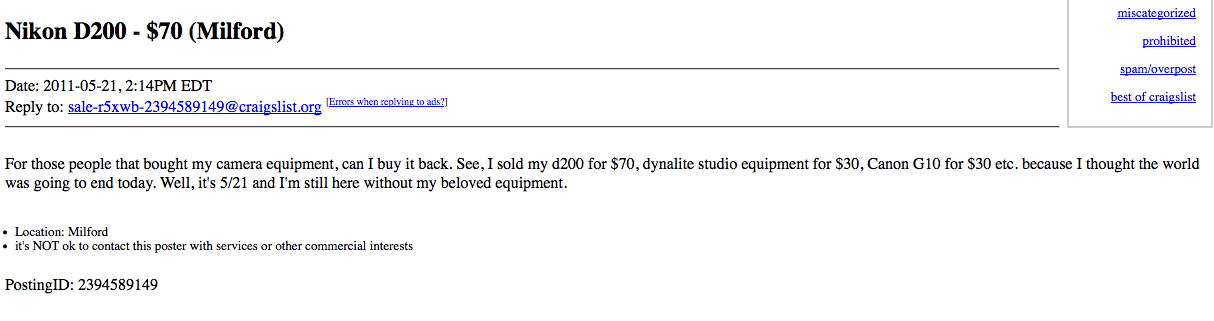 random pic screenshot - miscategorized Nikon D200 $70 Milford prohibited spamoverpost Date , Pm Edt to saler5xwb2394589149.org Emers when ads? best of craigslist For those people that bought my camera equipment, can I buy it back. See, I sold my d200 for 