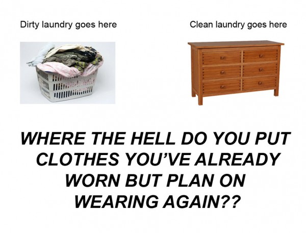 table - Dirty laundry goes here Clean laundry goes here Where The Hell Do You Put Clothes You'Ve Already Worn But Plan On Wearing Again??