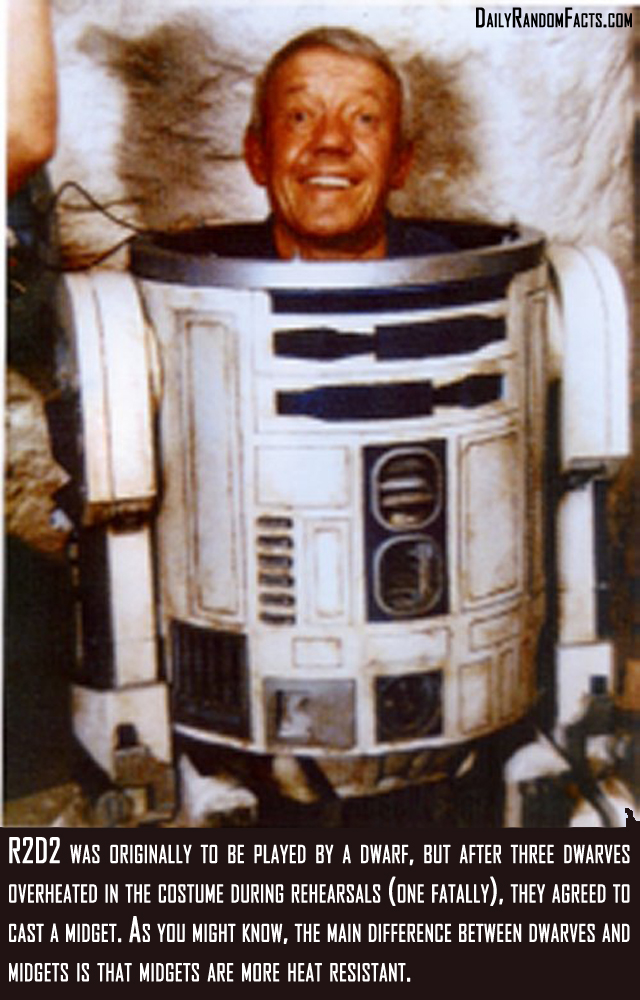 fun facts about star wars - Dailyrandomfacts.Com Okud R2D2 Was Originally To Be Played By A Dwarf, But After Three Dwarves Overheated In The Costume During Rehearsals One Fatally. They Agreed To Cast A Midget. As You Might Know, The Main Difference Betwee