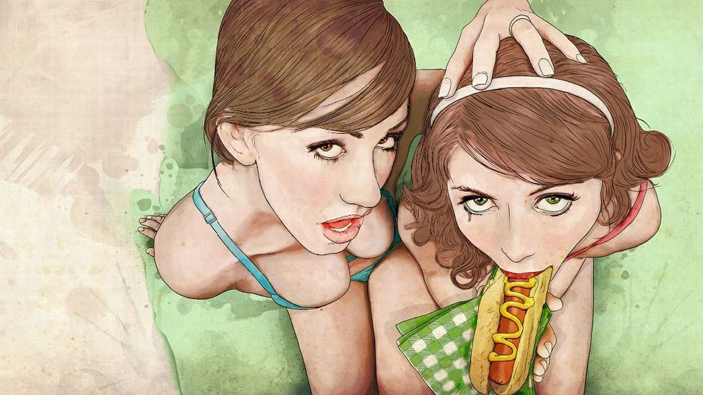 Instead of real c0ck, there's a hotdog sucking by two pornstar girls. The one on the left is Jennifer White