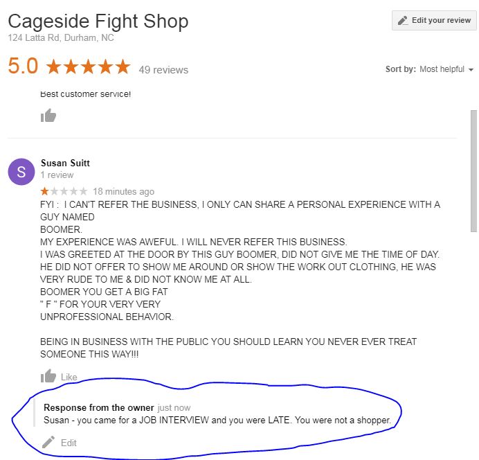 Susan leaves a fake google review - and gets owned by the owner.