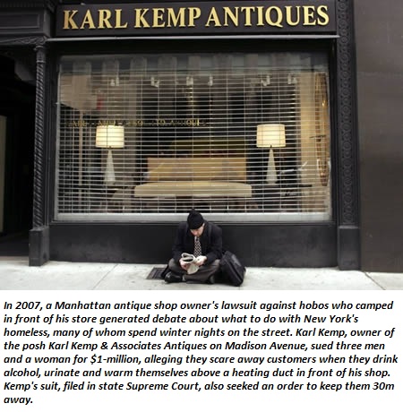 Karl Kemp Antiques In 2007, a Manhattan antique shop owner's lawsuit against hobos who camped in front of his store generated debate about what to do with New York's homeless, many of whom spend winter nights on the street. Karl Kemp, owner of the posh…
