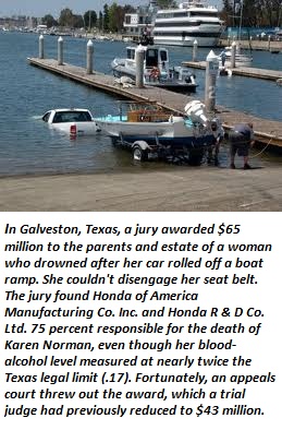 truck and boat in water - In Galveston, Texas, a jury awarded $65 million to the parents and estate of a woman who drowned after her car rolled off a boat ramp. She couldn't disengage her seat belt. The jury found Honda of America Manufacturing Co. Inc. a