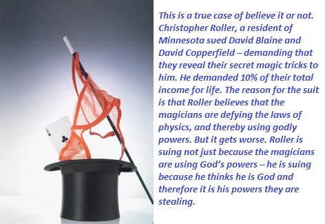 This is a true case of believe it or not. Christopher Roller, a resident of Minnesota sued David Blaine and David Copperfield demanding that they reveal their secret magic tricks to him. He demanded 10% of their total income for life. The reason for the…