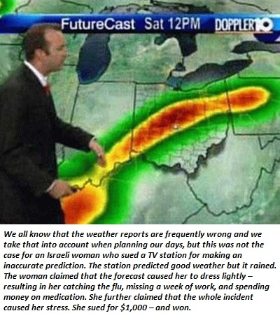 funny weather forecast - FutureCast Sat 12PM Dopplerto We all know that the weather reports are frequently wrong and we take that into account when planning our days, but this was not the case for an Israeli woman who sued a Tv station for making an inacc