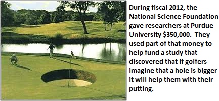 funny golf - During fiscal 2012, the National Science Foundation gave researchers at Purdue University $350,000. They used part of that money to help fund a study that discovered that if golfers imagine that a hole is bigger it will help them with their p