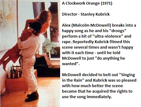 clockwork orange singing in the rain - A Clockwork Orange 1971 Director Stanley Kubrick Alex Malcolm McDowell breaks into a happy song as he and his "droogs" perform a bit of "ultraviolence" and rape. Reportedly Kubrick filmed this scene several times and
