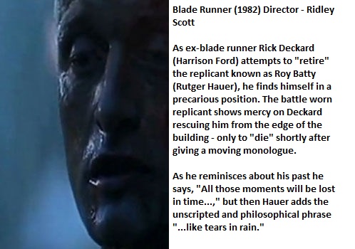 jaw - Blade Runner 1982 Director Ridley Scott As exblade runner Rick Deckard Harrison Ford attempts to "retire" the replicant known as Roy Batty Rutger Hauer, he finds himself in a precarious position. The battle worn replicant shows mercy on Deckard resc