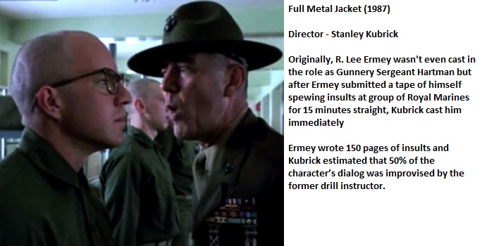 full metal jacket - Full Metal Jacket 1987 Director Stanley Kubrick Originally, R. Lee Ermey wasn't even cast in the role as Gunnery Sergeant Hartman but after Ermey submitted a tape of himself spewing insults at group of Royal Marines for 15 minutes stra