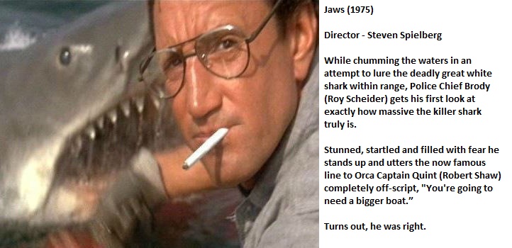 jaws you re gonna need a bigger boat - Jaws 1975 Director Steven Spielberg While chumming the waters in an attempt to lure the deadly great white shark within range, Police Chief Brody Roy Scheider gets his first look at exactly how massive the killer sha