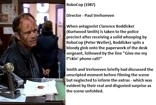 human behavior - RoboCop 1987 Director Paul Verhoeven When antagonist Clarence Boddicker Kurtwood Smith is taken to the police precinct after receiving a solid whooping by RoboCop Peter Weller, Boddicker spits a bloody glob onto the paperwork of the desk 