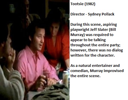 conversation - Tootsie 1982 Director Sydney Pollack During this scene, aspiring playwright Jeff Slater Bill Murray was required to appear to be talking throughout the entire party; however, there was no dialog written for the character. As a natural enter