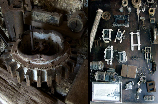 On the left is a closeup picture of the energy generator at Coral Castle. It is obvious that this rotated about a central spindle off the the right is a capacitor.

On the wall right were some of the electronic components that were found at Coral Castle. I recognize some of the devices: 1. RF Resonator tubes 2. Transformers 3. RF tuning coils 4. 