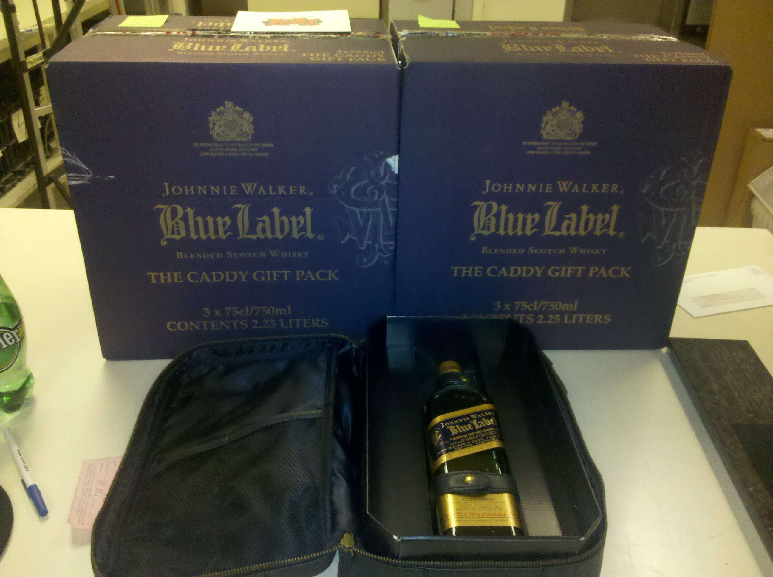 As a thank you, one of the attorneys I work for gets 2 cases of Johnny Walker Blue Label gift sets That's six 750ml bottles in leather carrying cases for me and 2 of my employees.