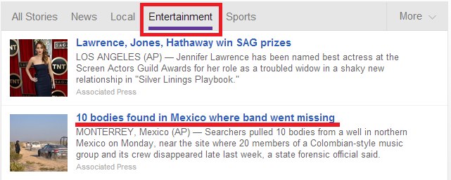 Apparently, finding 10 bodies in the Mexican desert is considered entertainment news by Yahoo.