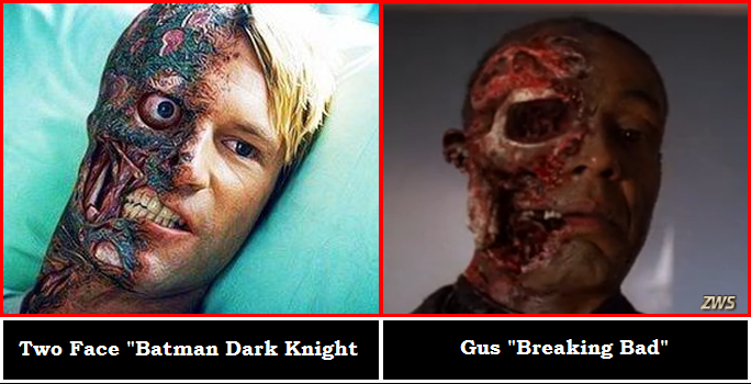 Two Face from Batman's "Dark Knight" and Gus from "Breaking Bad" have the same CGI wounds