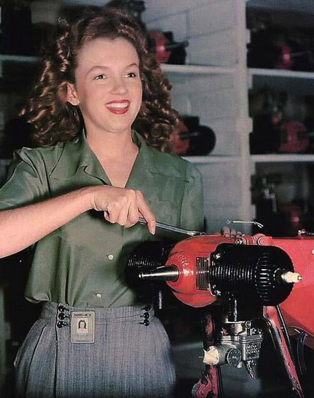 Factory worker Van Nuys CA Norma Jeane Baker, soon to be known as Marilyn Monroe