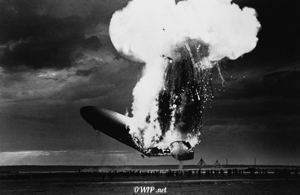 Hindenburg on fire. This marked the end of an airship era.