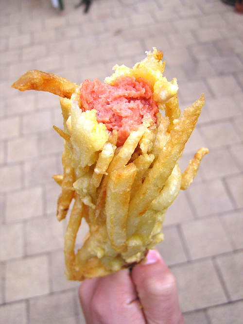 French Fry-Encased Hot Dog On A Stick