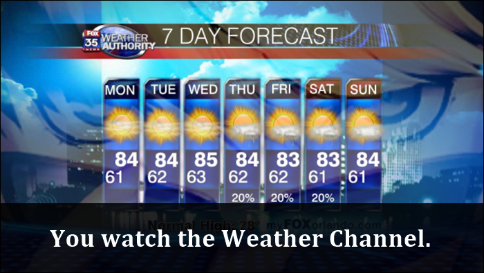 tv weather channel - Wearer, 7 Day Forecast 35 Authority Mon Tue Wed Thu Fri Sat Sun 84 84 85 84 83 83 84 61 162 63 62 62 61 61 20% 20% 20% You watch the Weather Channel.