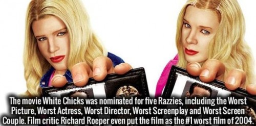 wayans brothers white chicks - The movie White Chicks was nominated for five Razzies, including the Worst Picture, Worst Actress, Worst Director, Worst Screenplay and Worst Screen Couple. Film critic Richard Roeper even put the film as the worst film of 2