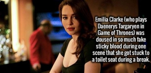 emilia clarke breakfast at tiffany's - Emilia Clarke who plays Daenerys Targaryen in Game of Thrones was doused in so much fake sticky blood during one scene that she got stuck to a toilet seat during a break.