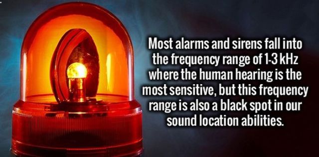 heat - Most alarms and sirens fallinto the frequency range of 13 kHz where the human hearing is the most sensitive, but this frequency range is also a black spot in our sound location abilities.