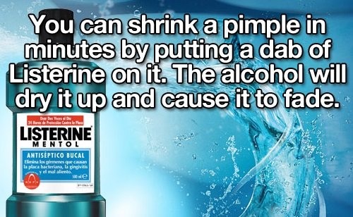 Pustule - You can shrink a pimple in minutes by putting a dab of Listerine on it. The alcohol will dry it up and cause it to fade. Listerine New Antiseptico Bucal la placa habean, ingivitis malalim sowe